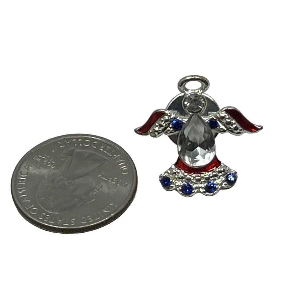 Vintage Angel Brooch‎ Silver Tone with Red White Blue Crystal Pin